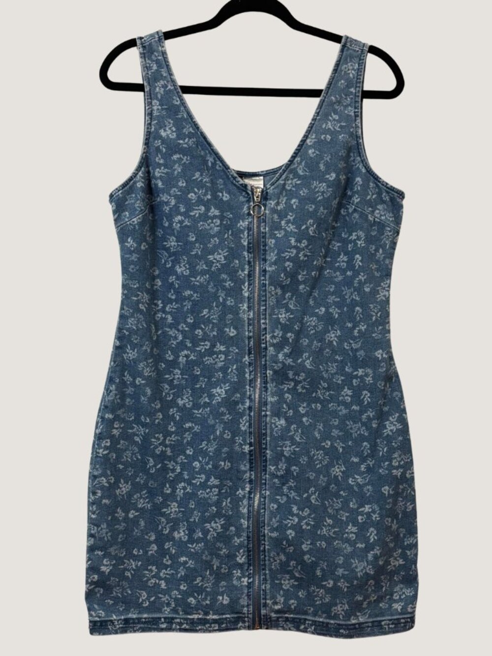 90s Inspired Floral Denim Mini Dress Ring Zip Bodycon Y2K Size L